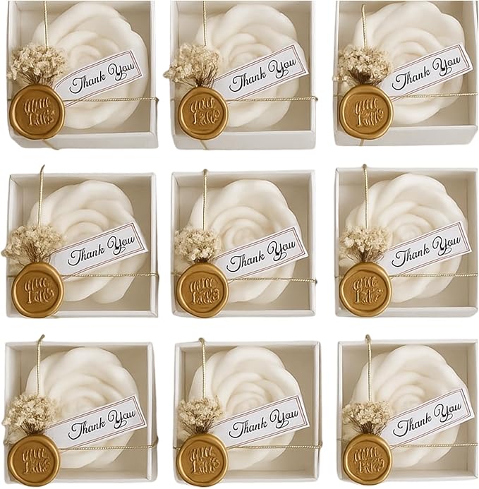 White Rose Petal Soy Wax Candles in Bulk – Rose Candle Wedding Favors for Guests, Personalized Candle Favors for Bridal Shower & Baby Shower Gifts – Dried Flower & Wax Seal Design (150 Pieces) - Bloomnest