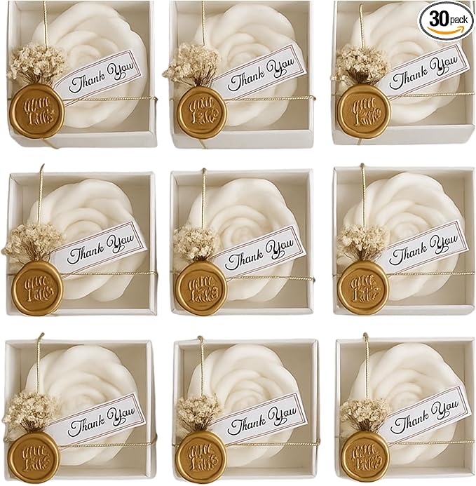White Rose Petal Soy Wax Candles in Bulk – Rose Candle Wedding Favors for Guests, Personalized Candle Favors for Bridal Shower & Baby Shower Gifts – Dried Flower & Wax Seal Design (30 Pieces) - Bloomnest