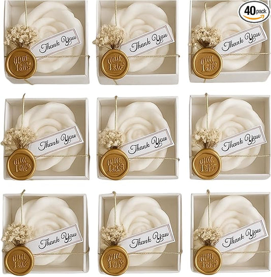 White Rose Petal Soy Wax Candles in Bulk – Rose Candle Wedding Favors for Guests, Personalized Candle Favors for Bridal Shower & Baby Shower Gifts – Dried Flower & Wax Seal Design (40 Pieces) - Bloomnest