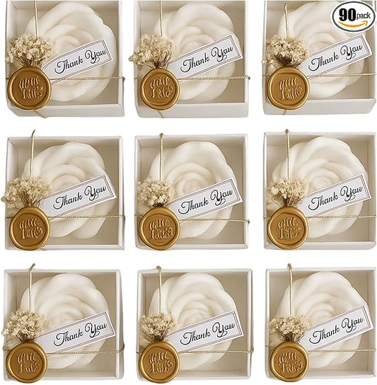 White Rose Petal Soy Wax Candles in Bulk – Rose Candle Wedding Favors for Guests, Personalized Candle Favors for Bridal Shower & Baby Shower Gifts – Dried Flower & Wax Seal Design (90 Pieces) - Bloomnest