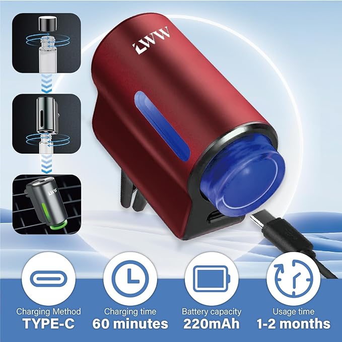 Car Air Freshener - Smart Adjustable 3-Speed Intensity, Rechargeable Humidifier Car Essential Oil Diffuser - Comes with 8 Bottles of 10ml Perfume (Red) - Bloomnest