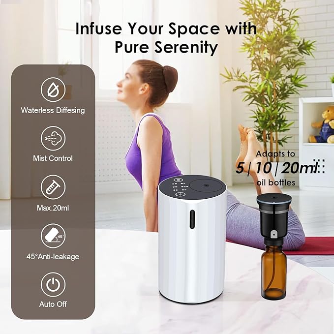 Waterless Essential Oil Diffuser Aromatherapy Scent Diffusers for Home Large Room, Bedroom, Car, Office, Desk, Battery Operated Mini Portable Air Freshener (White-2) - Bloomnest