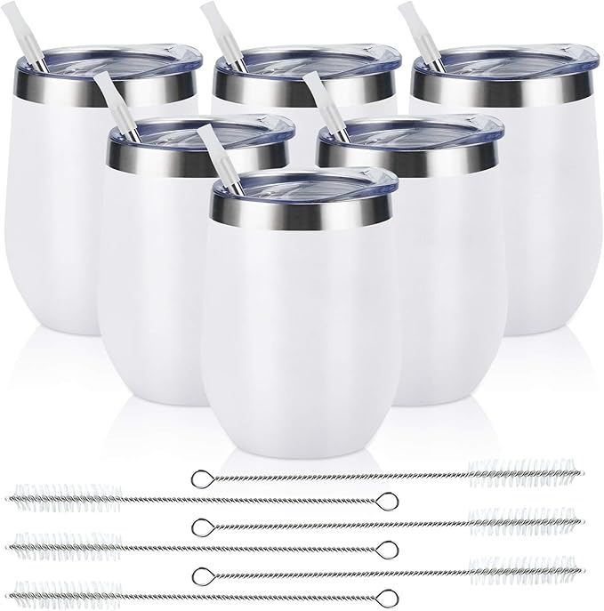6 Pack Stainless Steel Wine Tumblers, 12Oz Insulated Wine Tumbler, Double Wall Insulated Wine Glass, Stainless Steel Stemless Wine Cups with Lids for Coffee, Wine, Cocktails, Champaign, White - Bloomnest