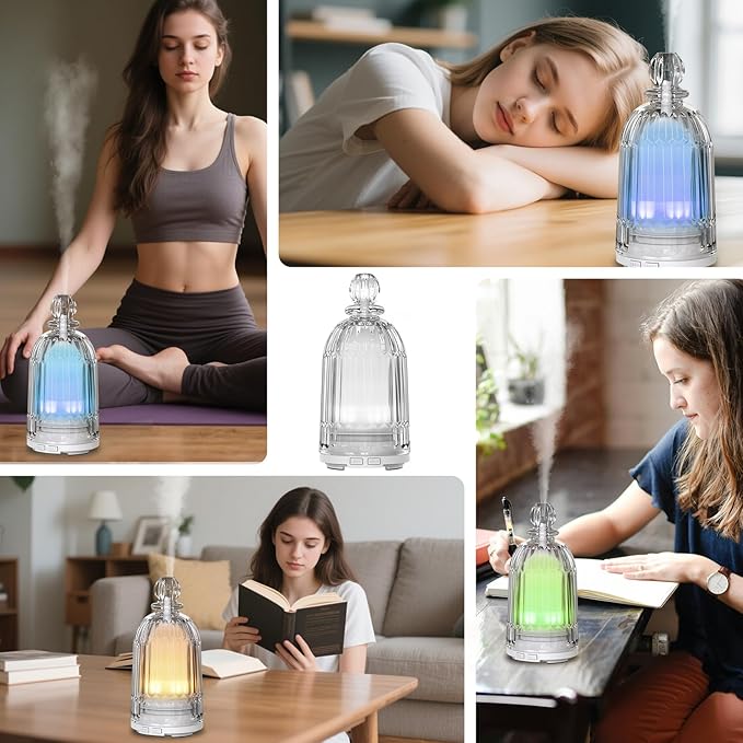 120ml Glass Essential Oil Diffuser, Ultrasonic Aroma Diffuser Glass Cover & Plastic Reservoir with Auto Shut-Off, 7 Colors LED Light for Home, Bedroom, Office, Yoga(White Base) DOUDING