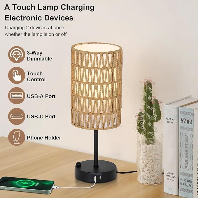 Touch Table Lamp For Bedroom with Bulb, Boho Small Desk Lamp For Living Room With Rattan & Linen Shade, 3 Way Dimmable Bedside Table Lamp For Nightstand With USB Charging Port & Phone Stand For Office - Bloomnest