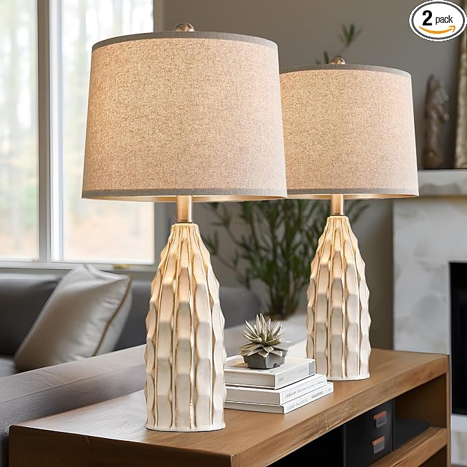 Ceramic Table Lamps Set of 2, 23.75" Modern Farmhouse Bedside Lamp - Cream Nightstand Lamps for Bedroom, Boho Living Room End Tables, Small Office Desk Lamp Decor - Bloomnest