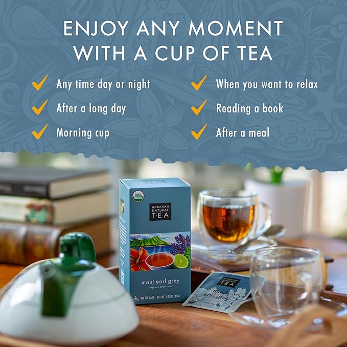 Hawaiian Natural Tea Organic Maui Lavender Earl Grey Tea Bags - Premium Black Tea - Antioxidant Rich - 60 Tea Bags - Bloomnest