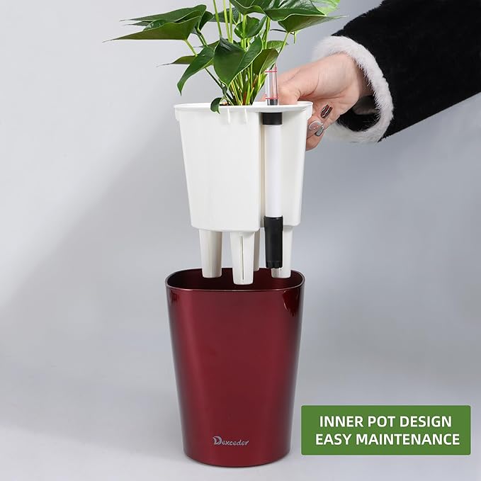 Dexceder 6x7 Self Watering Planter Indoor Outdoor, High Gloss Table Flower Plant Pot with Water Level Indicator (Wine Red) - Bloomnest