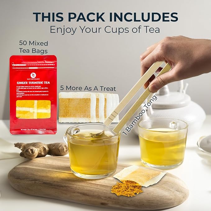 Ginger Tea Bags - 55 Count (+5 Tea Bags) Bamboo Tong Included - 4.16 oz, Re-Steep Herbal Tea Blend, Stimulates Appetite, Promotes Healthy Digestion & Boosts Immunity - Bloomnest