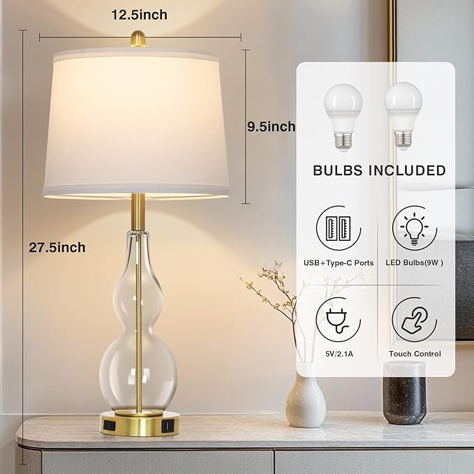 27.5" Clear Glass Table Lamp Set of 2,3-Way Dimmable Touch Control Bedside Lamps with USB Ports and AC Outlet, Modern Nightstand Lamps Gold lamp for Bedroom Living Room - Bloomnest