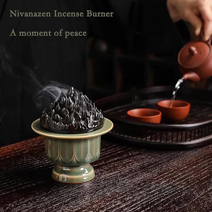 Ceramic Incense Burner with Lid of Mountain Shape,Incense Cone Holder for Coil Incense and Powder Incense,Mediation Gift,Room Decor(Celadon) - Bloomnest
