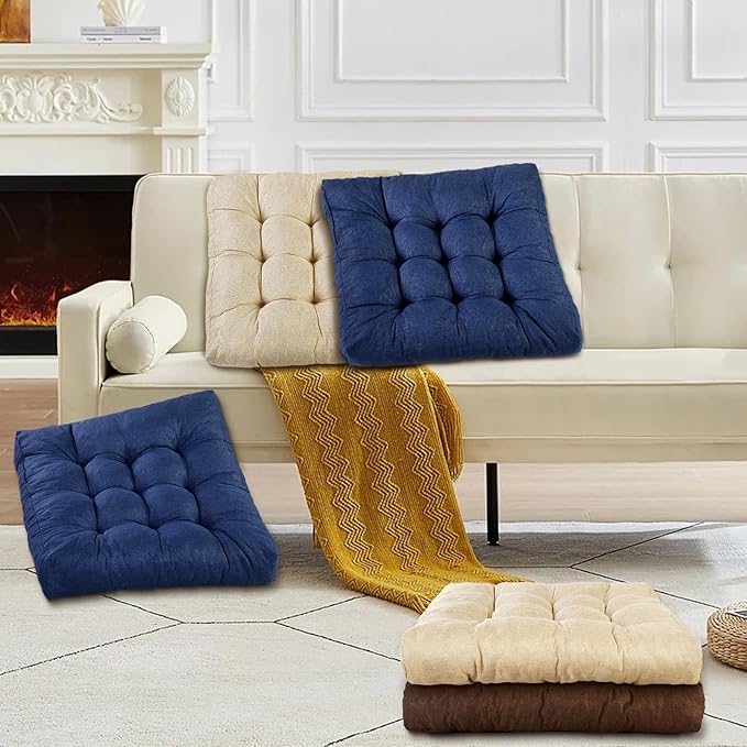 Meditation Floor Cushions Set of 2, Thickened Floor Pillow for Adults, Large Square Pillows Seat Cushion for Tatami Living Room Yoga, Memory Sponge Block Added, 22x22 Inch, Drak Blue