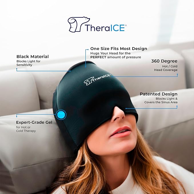 TheraICE Migraine Relief Cap, Soothing Headache Hat Ice Pack Mask, Face Cold Compress Cooling Gel Head Wrap Products for Tension, Stress & Hangover - Bloomnest