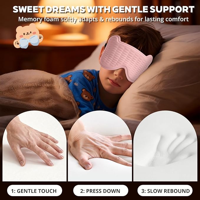 3D Kids Sleep Mask – Cute Bear Eye Mask for Sleeping, Comfortable Memory Foam Sleep Mask for Kids, Adjustable Strap and Lightweight Sleeping Mask for Boys Girls Teens Ages 5-15 (Pink) - Bloomnest