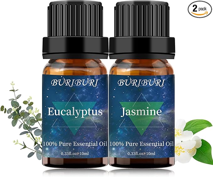 BURIBURI Jasmine Essential OIil and Eucalyptus Oil 2Pack Natural Eucalyptus Essential Oils 10ml for Diffusers (Jasmine+Eucalyptus) BURIBURI