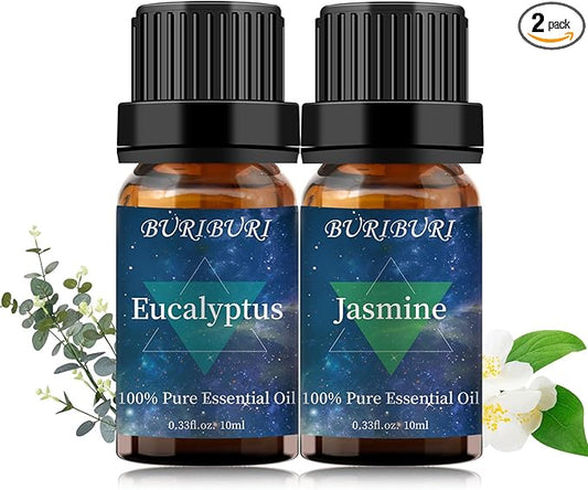 BURIBURI Jasmine Essential OIil and Eucalyptus Oil 2Pack Natural Eucalyptus Essential Oils 10ml for Diffusers (Jasmine+Eucalyptus) BURIBURI