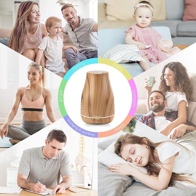 Aromatherapy Essential Oil Diffuser for Room: 100ml Air Humidifier Aroma Scent Cool Mist Diffusers Colorful Light Cute Mini Small Waterless Auto Off Ultrasonic for Home Bedroom (Yellow Wood Grain) - Bloomnest