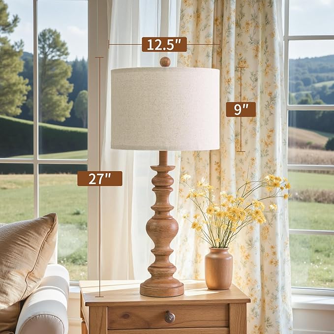 BOBOMOMO 27" Light Brown Table Lamps Set of 2, Large Farmhouse Resin Lamps with Linen Shades, Rustic Vintage Lamps for Living Room, Bedroom, Console Table or Entryway Home Lighting - Bloomnest