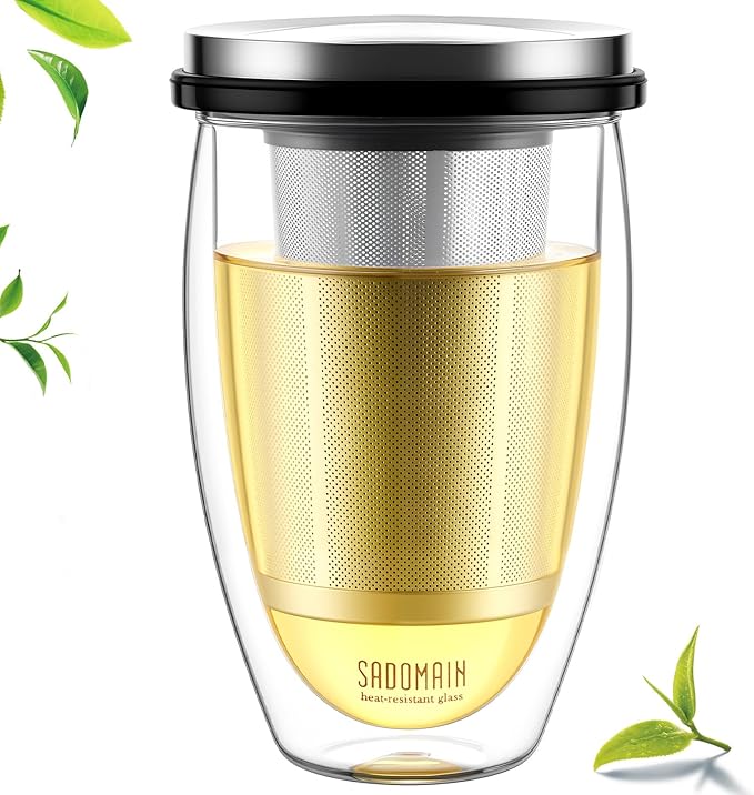 Glass Tea Cup with Infuser and Lid, Tea Infuser Mug in 12 OZ/350ML, Heat-Proof Double Wall Glass Tea Cup, 100% Plastic-Free Tea Mug with Lid and Strainer, Keeps Drinks Hot/Cold Longer Time - Bloomnest