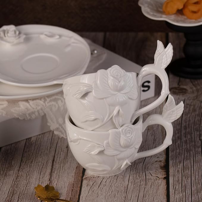 KAMMAK Tea Cups and Saucers Set of 2, Porcelain Coffee Cups, 8.5-Ounce Stackable Espresso Mugs, Ceramic Demitasse for Coffee, Latte, Americano, Tea, Cubic Rose - Bloomnest