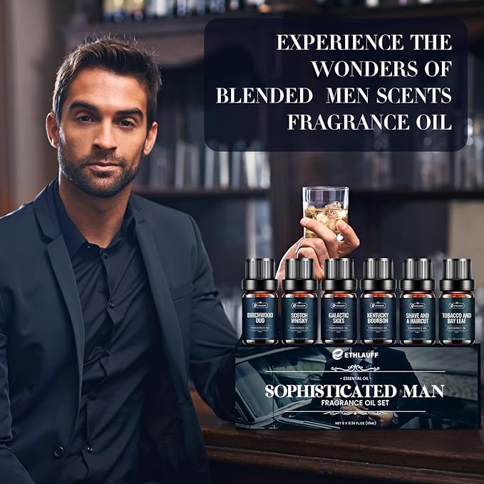 Men Essential Oils Set - TOP 6 Gentlemen's Fragrance Oil for Diffuser, Candle & Soap Making - Tobacco and Bay Leaf, Kentucky Bourbon, Galactic Skies, Scotch Whisky, Birchwood Oud - Bloomnest