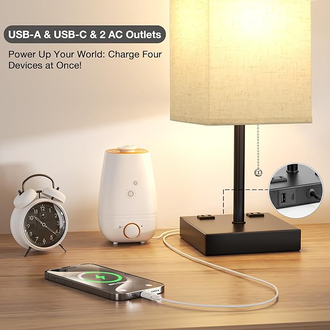 aooshine Beige Table Lamp for Bedroom - 3 Color Temperature 3000K 5000K 4000K Bedside Lamp, Pull Chain Control, USB A and C Ports, AC Outlets, Bulb Included, Medium - Bloomnest