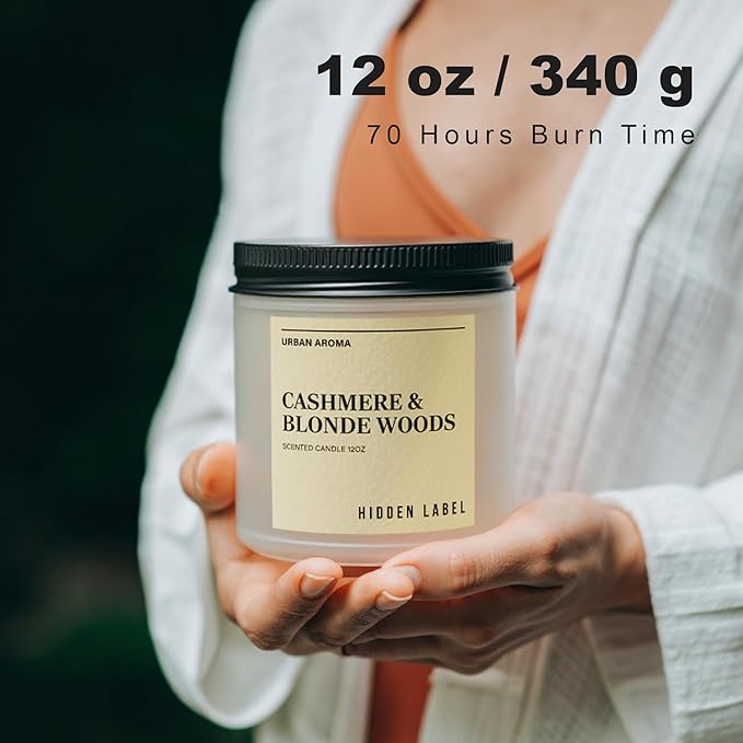 Hidden Label Cashmere & Blonde Woods Soy Candle, 12oz 2 Wick Non Toxic Candles for Home Scented, Bathroom Candle 70H Clean Burning Aromatherapy Candle for Stress Relief & Relaxation Gifts - Bloomnest