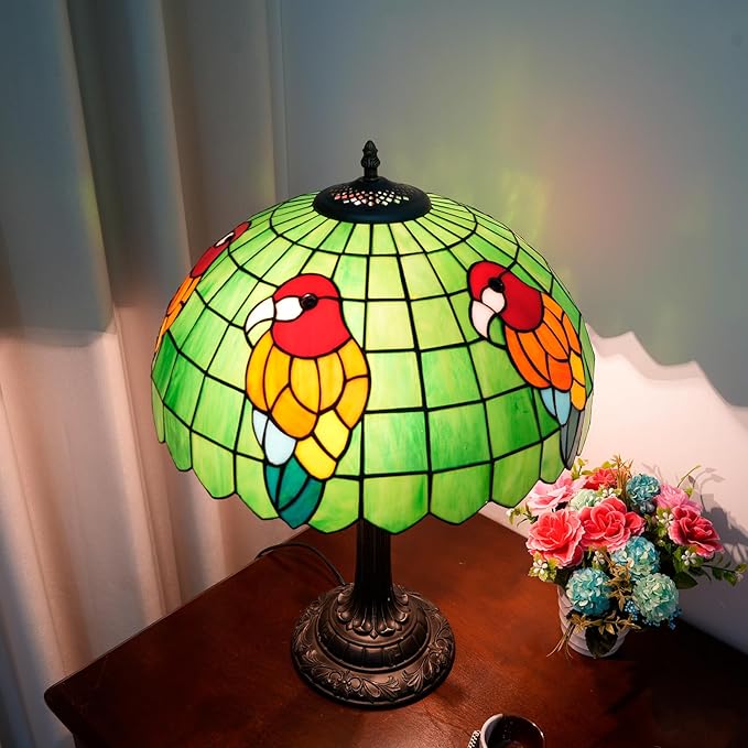 Tiffany Table Lamp Green Stained Glass Parrot Style Bedside Lamp 16X16X23 Inches Desk Decor Light Classic Farmhouse Reading Table Lamps for Home Office - Bloomnest