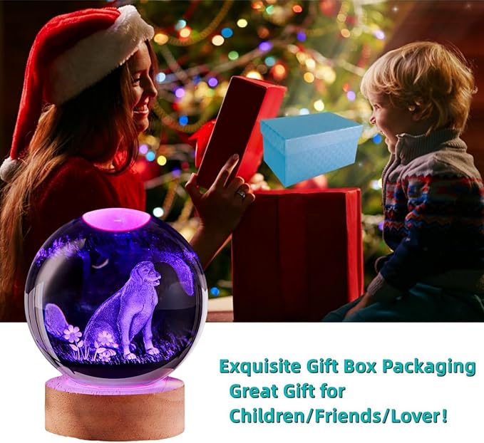 Dog Crystal Ball Lamp,3.15 inch 3D K9 Animal Crystal Ball Dog Night Light with Wooden Base, Lamp Gift for Animals Lovers,16 Colors Change with Remote Control (J) - Bloomnest