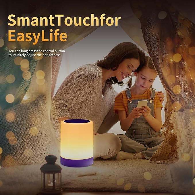 OORUN Touch Bedside Table Lamp,13 RGB Colors & 5 Brightness, USB Rechargeable Desk Lamp, Remote Control Dimmable Night Light with RGB Color Changing,Portable Lamp for Baby, Living Room (Purple) - Bloomnest