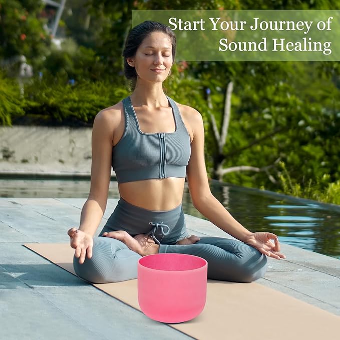 432HZ 8 Inchs C Note Red Frosted Crystal Singing Bowl for Meditation Healing Yoga Chakra Quartz Crystal Sound Bowls with Heavy Duty Carry Case and Rubber Mallet,Suede Striker,O-rings - Bloomnest