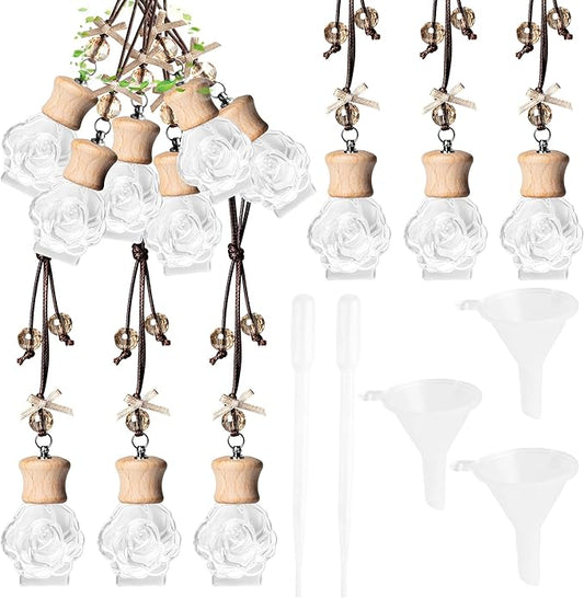 6 Pack Leak-Proof Hanging Car Diffuser - 8ml Refillable Empty Bottles with Wood Caps, 3 Funnels & 2 Droppers - Essential Oil Air Freshener for Car, Home or Office (6, Camellia) - Bloomnest