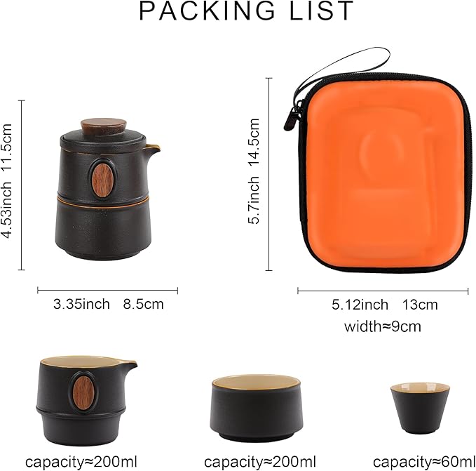 fanquare Travel Ceramic Tea Set, Chinese Gongfu Teapot with Infuser, 2 Small Cups 1 Master Cup and Portable Bag for Outdoor Use Convenient Tea Service, Black