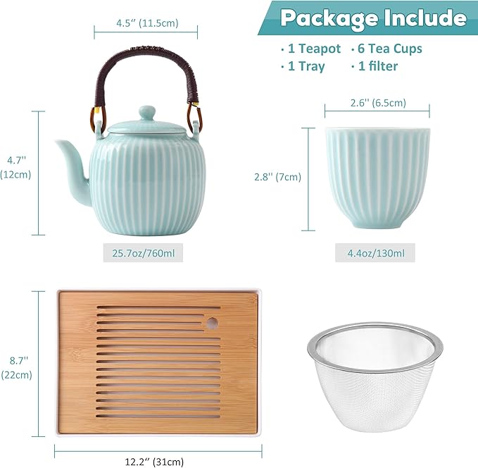 Dujust Japanese Tea Set, Cyan-blue Porcelain Tea Set with 1 Teapot Set, 6 Tea Cups, 1 Tea Tray, 1 Stainless Infuser, Asian Tea Sets for Adults/Tea Lover/Women/Men (Bamboo - Straight Grain Design) - Bloomnest