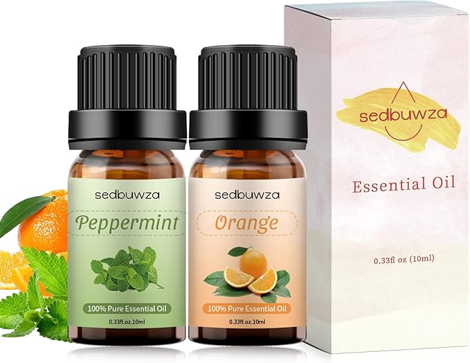 Sedbuwza Peppermint Orange Essential Oil Set, Peppermint Fragrance Oil Orange Scent Oil Set for Diffuser, Aromatherapy, Massage, Soap, Candle Making 2 x 10 ml Sedbuwza
