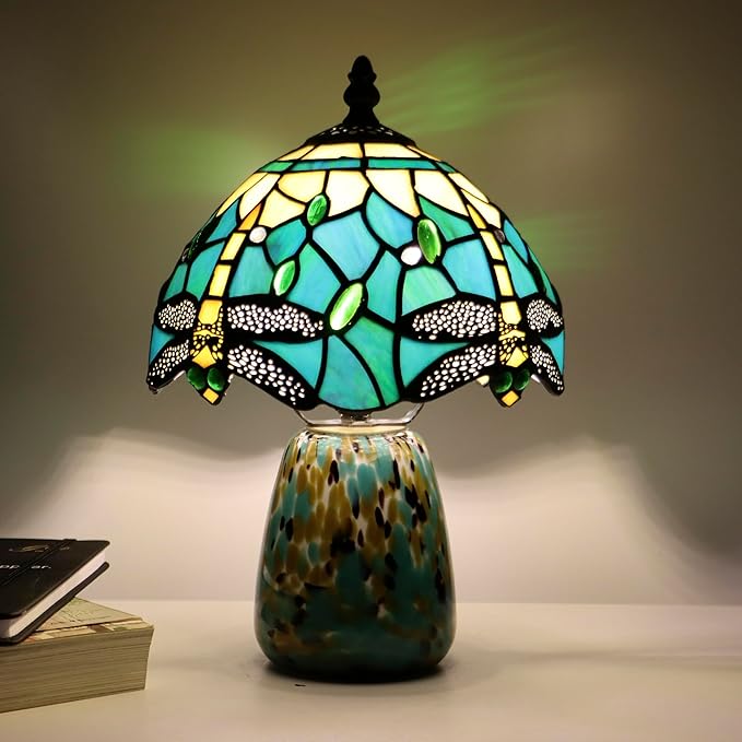 Tiffany Mushroom Table Lamp Dragonfly Style Blue Yellow Stained Glass Accent Lamp Brown Blue Glass Base 8X8X12 Inch - Bloomnest
