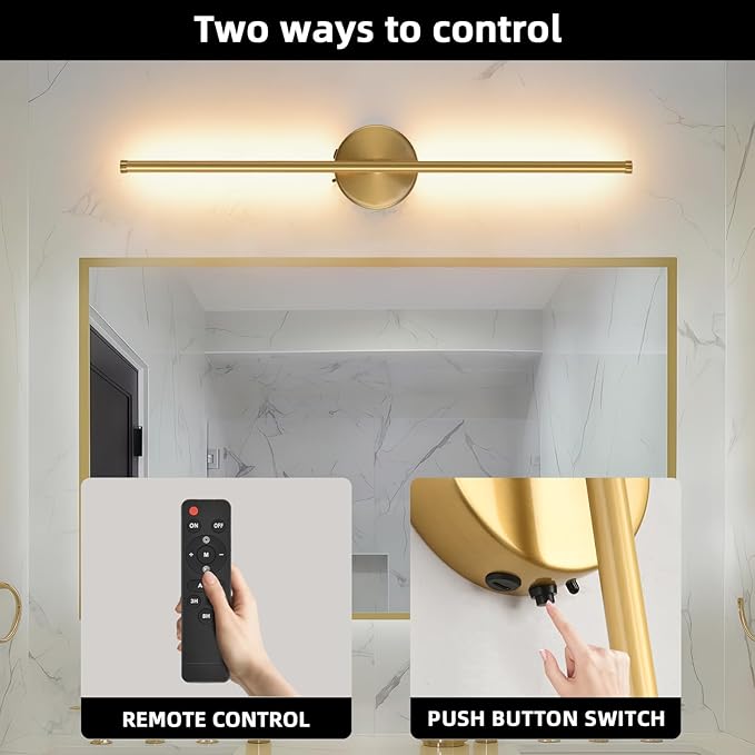 Wall Sconces Battery Operated Set of Two, Gold LED Wireless Wall Sconce with Remote Control 350° Rotate, 27.6 Inch Dimmable USB Rechargeable Wall Lights for Living Room Bedroom Hallway - Bloomnest