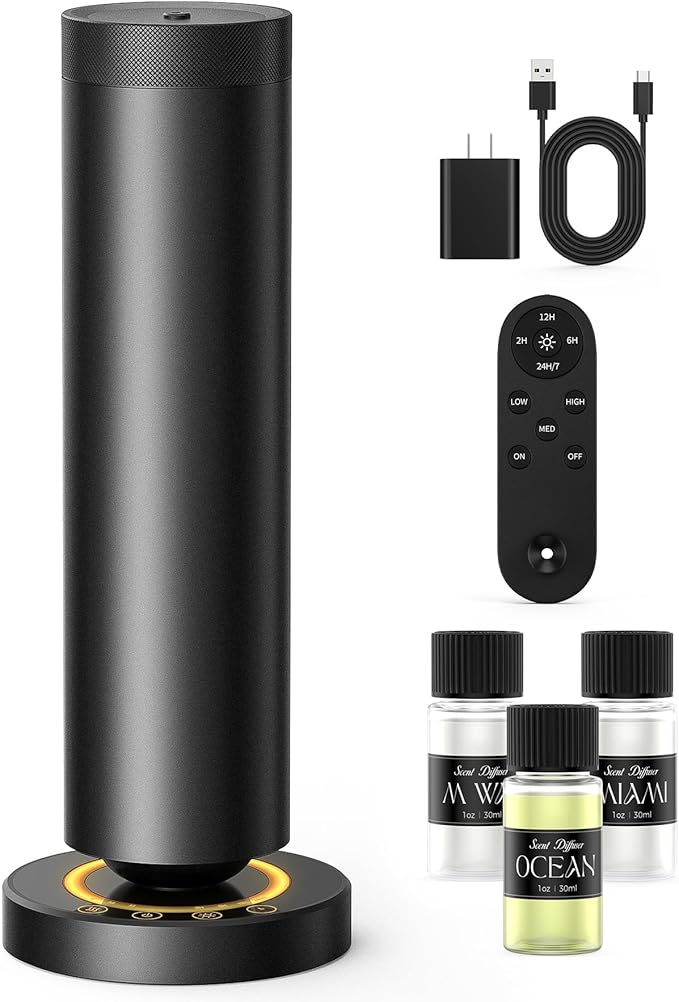 Waterless Diffuser with 90ML Essential Oils, Covers 1000 Sq Ft, Diffusers for Home Hotel, Adjustable Mist & Timer, Scent Diffuser Starter Kit with Night Light, Corded Electric,Black - Bloomnest