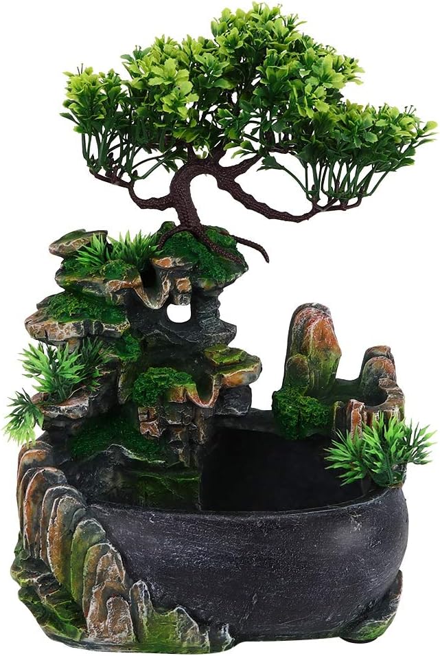 Indoor Fountain, Tabletop Water Fountain Desktop Meditation Waterfall Fountain with Rockery, Plant, Atomizing Humidifier for Office, Home, Bedroom Desk Décoration(US 110V) - Bloomnest