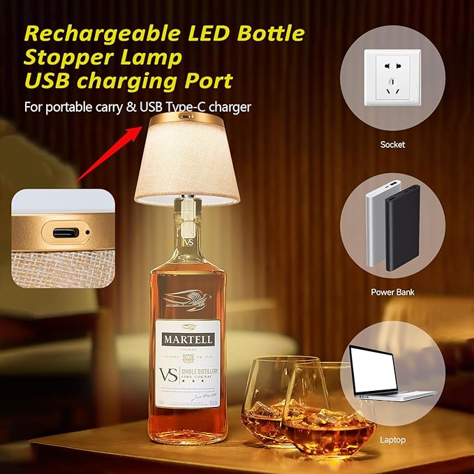 2025 New Bottle Lamp - LED Bottle Lights for Liquor & Wine Bottles, Cordless Lampshade, Whiskey Bottle Top Light, Bottle Stopper Night Light Kit, Rechargeable 3-Tone Touch-Dimmable - Bloomnest