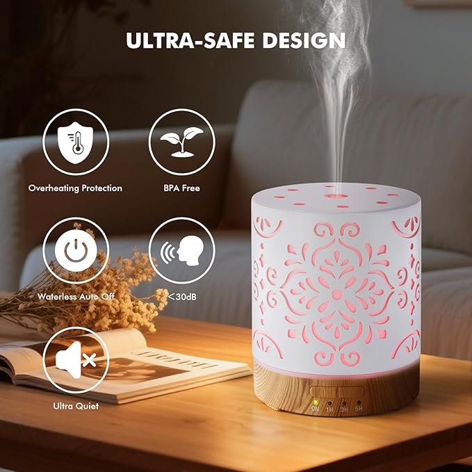 Essential Oil Diffuser for Home - 300ML Metal Aromatherapy Diffuser with Auto Shut-Off Protection & 4 Timers, Ultrasonic Humidifier with 7 Colors Lights for Large Room, Home Office Décor(White Flower) - Bloomnest