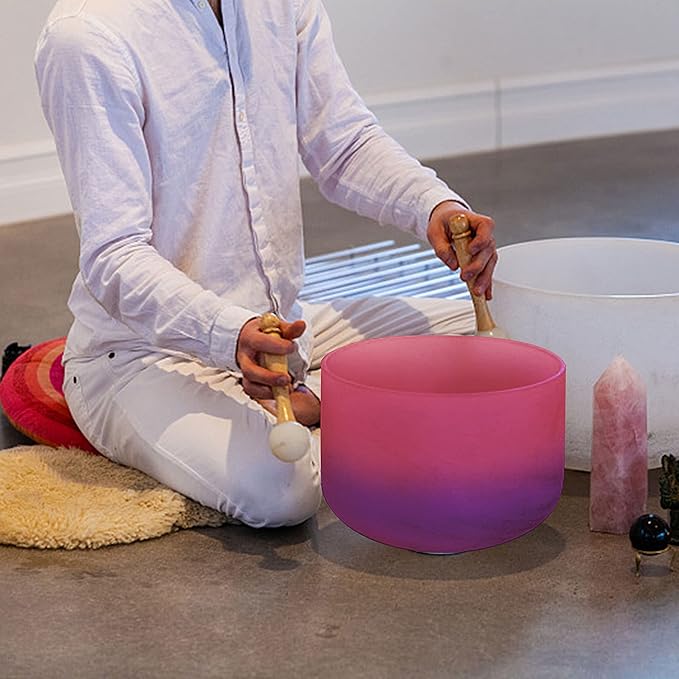 TOPFUND 432Hz Pink Purple F# Note Crystal Singing Bowl Thymus Chakra 8 inch with Heavy Duty Carrying Case and Suede Mallet