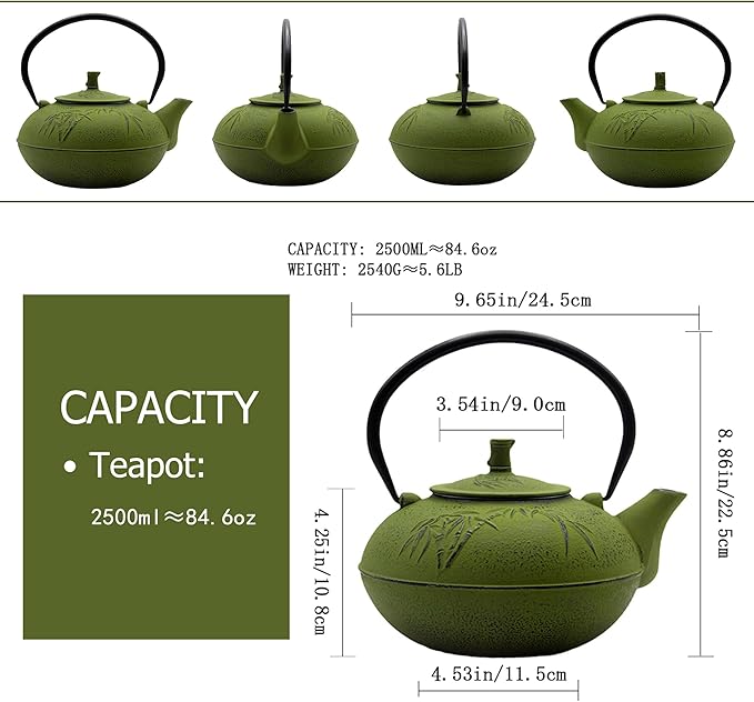 84.6oz/2500ml Large and Heavy Cast Iron Tea Kettle for 5 to 8 Cups, Teapot with Stainless Steel Infuser, Cast Iron Tea Pot for Stovetop Safe (2500ml Green Teapot with Bamboo Pattern) - Bloomnest