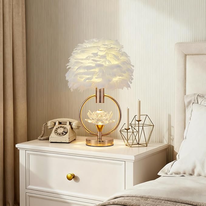 ZYLEIESENBAO Chic White Feather Lamp 17IN Modern Crystal Fluffy Table Lamp Cute Romantic Bedside Nightstand Light Nordic Furry Desk Lamp for Girl Bedroom Living Room Entry Office Hotel Party Wedding - Bloomnest