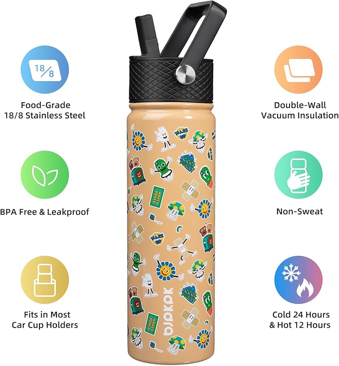 BJPKPK Insulated Water Bottle with Straw Lid, 22 oz Stainless Steel Metal Water Bottles, Reusable Leak Proof BPA Free Water Bottles, Cups, Thermo, Spring Party-Brown - Bloomnest