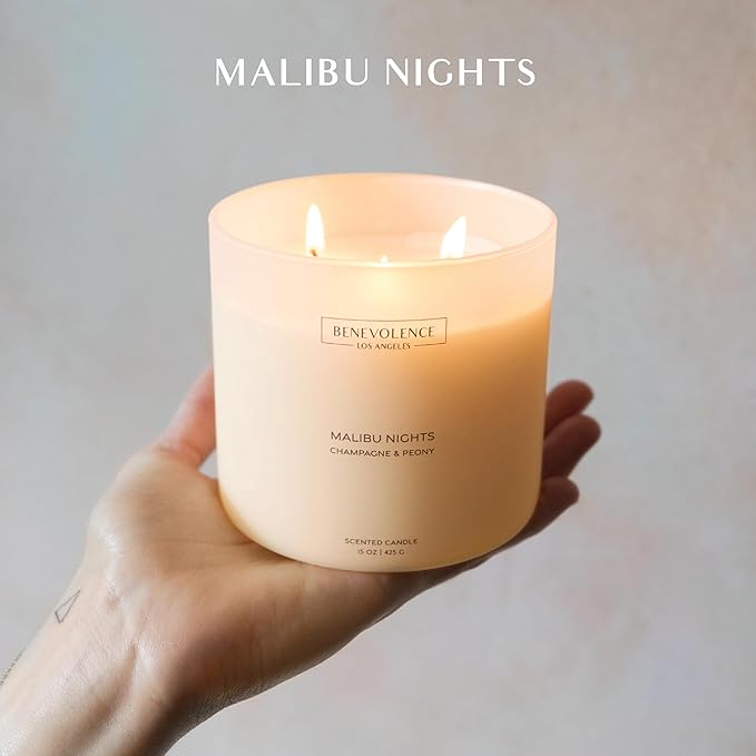 Champagne & Peony – Benevolence LA Large 3-Wick Fall Scented Candle for Home | 15oz, 50-Hour Burn | Natural Soy Wax, Cotton Wicks | Romantic Autumn Fragrance | Malibu Sands Collection – Gift for Women - Bloomnest