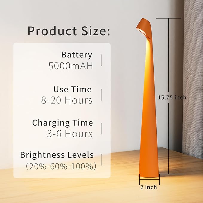 Portable Cordless LED Desk Lamp, Rechargeable Wireless Table Lamp, 3-Level Brightness, Patio & Bedside Night Light, Dining Room Ambient Reading Light (Orange) - Bloomnest