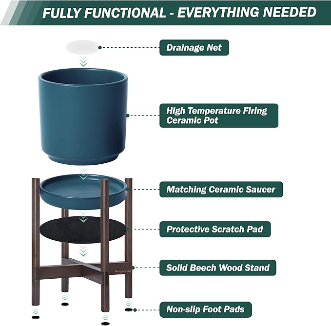 D'vine Dev Ceramic Planter with Walnut Color Stand - 12 Inch Modern Round Flower Pot with Wood Planter Holder, Teal, 55-B-W-4 - Bloomnest
