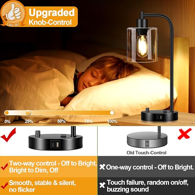 Set of 2 Industrial Table Lamps with USB Port, Fully Stepless Dimmable Bedside Lamps for Bedrooms, Nightstand Desk Lamp with Clear Glass Shade for Reading Living Room Office 2 LED Bulb Included - Bloomnest