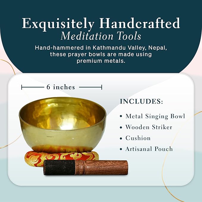 Tibetan Singing Bowl, Handcrafted Singing Bowl for Meditation, Prayer & Holistic Healing, Yoga Accessories, 6” Sound Bowl with Wooden Striker, Artisanal Pouch & Cushion - Bloomnest